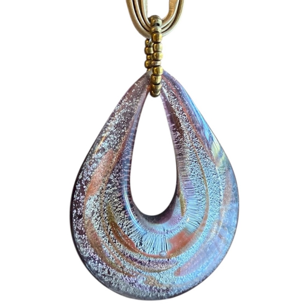 Dichroic Glass Teardrop Pendant Necklace Iridescent Glass Artisan Purple & Gold